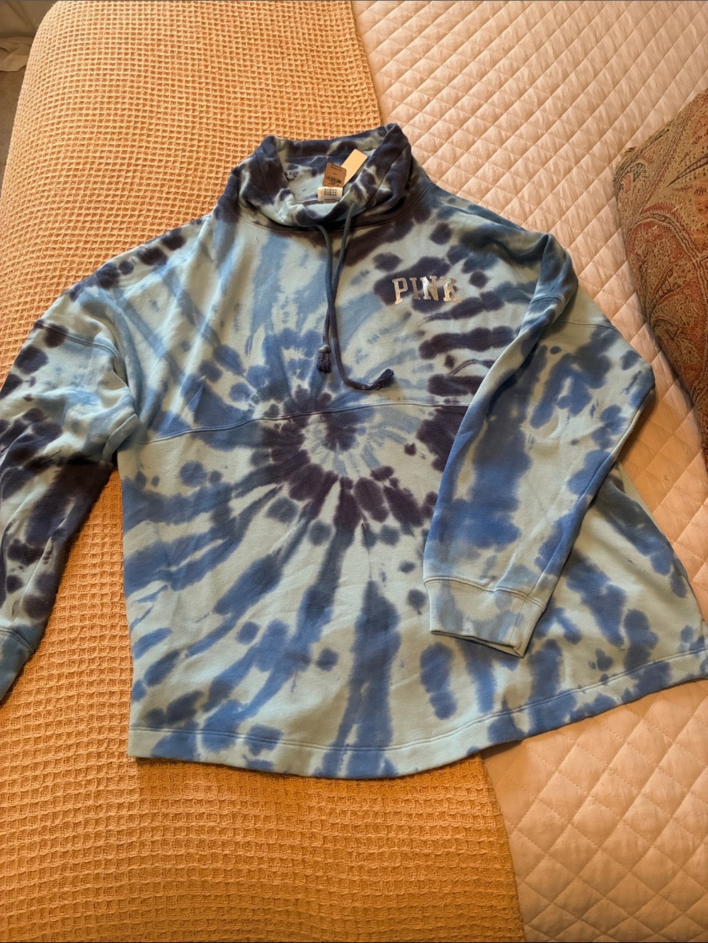 PINK Victoria's Secret Blue Tie-Dye Funnel Neck Hoodie